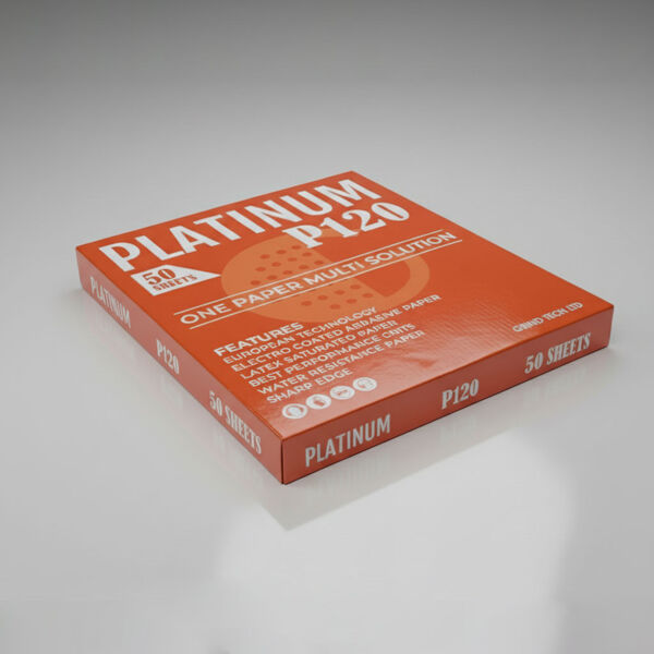 Box of Platinum P120 abrasive sanding sheets for industrial use
